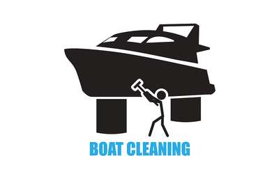 an illustration with a stick figure using a tool to wash the side of a boat and the words 'boat cleaning' displayed