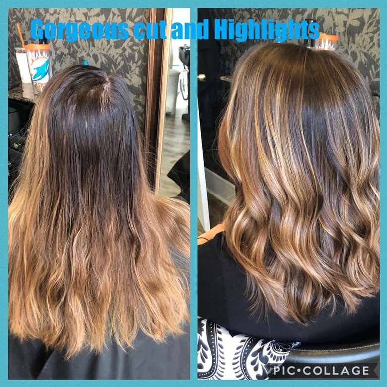 side by side photos of highlights in hair