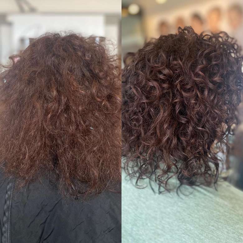 before and after photos of a woman's brown and curly hair after a salon visit