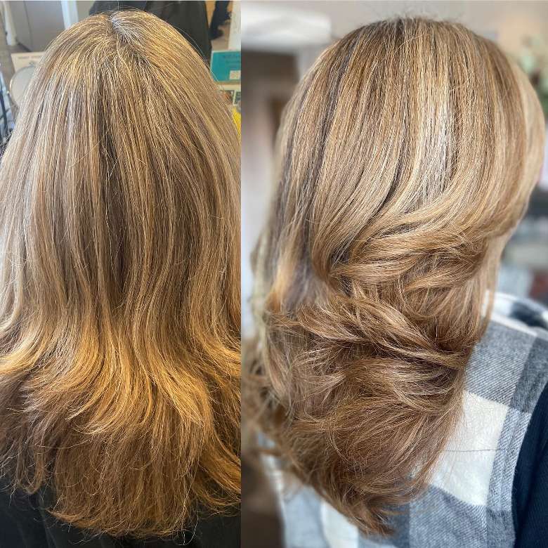 before and after photos of a woman's blonde hair after a salon visit