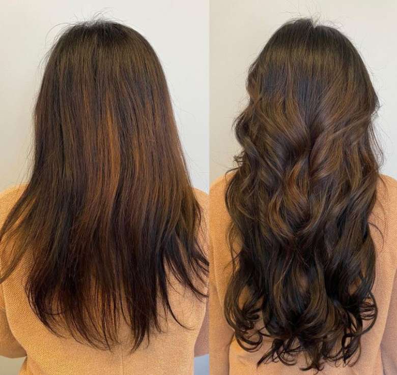 before and after photos of a woman's brown and curly hair after a salon visit