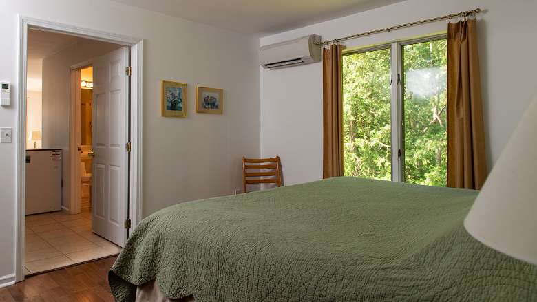 a bedroom with large glass windows and a bed with green covers