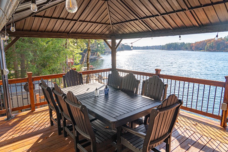 Outdoor decking with a beautiful view of the lake.