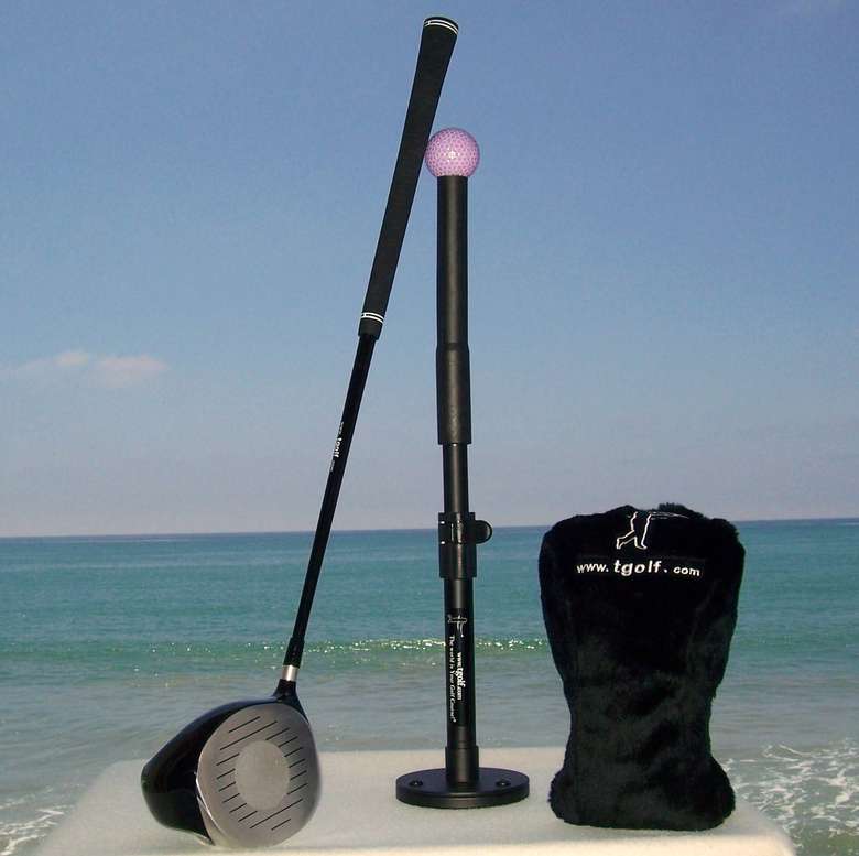 tee golf equipment with ocean in the background