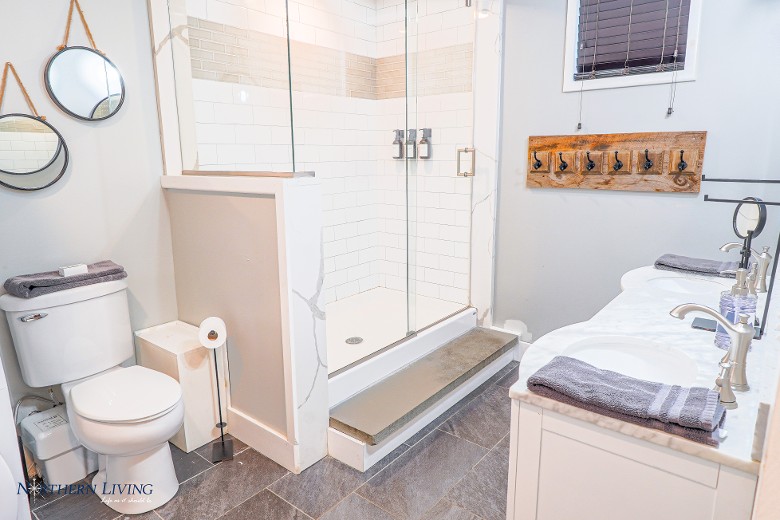 Lake level bathroom with shower