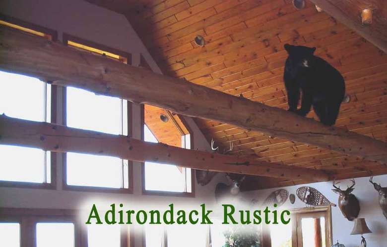 a black bear decoration on wooden rafters inside a house