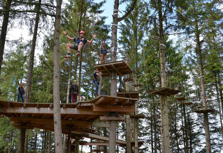 people moving around on wooden platforms on a treetop course