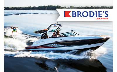 a speedboat photo with the brodie's lakeside logo