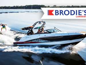 a speedboat photo with the brodie's lakeside logo
