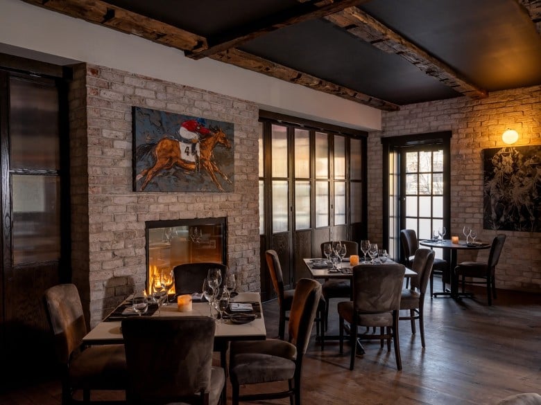 restaurant indoor dining space and fireplace