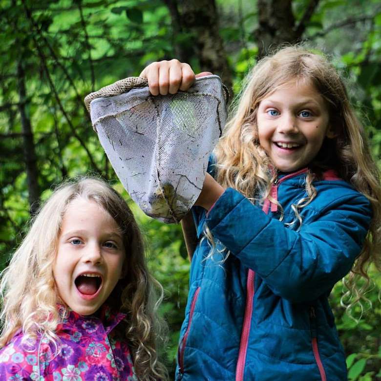 little girls holding a frog in a net they caught