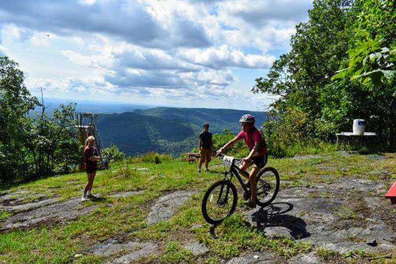 a mountain biker riding on a mountain trail