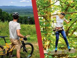 split image with mountain biker and aerial treetop adventurer