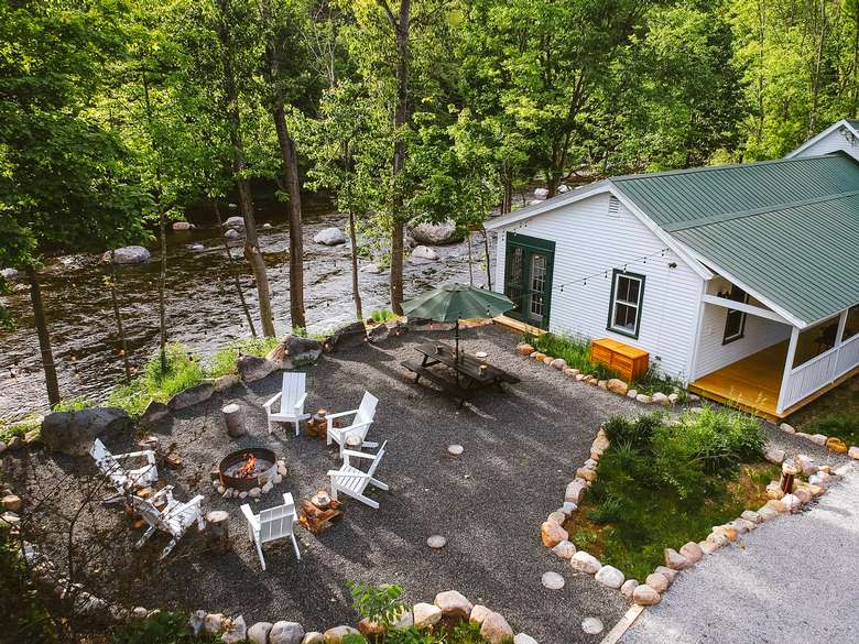 Riverside Adirondack Farmhouse warners camp cabin rental pet friendly Adirondack getaway fall