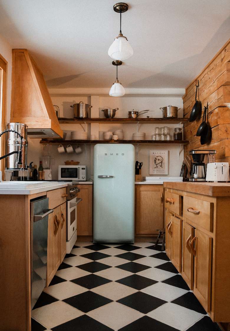 kitchen with black and white tile