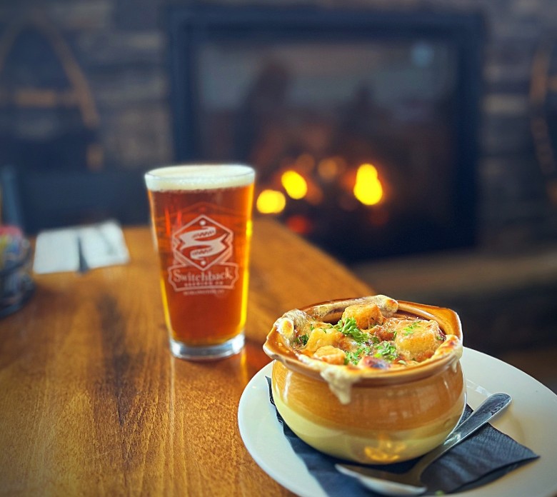 beer and soup on a table