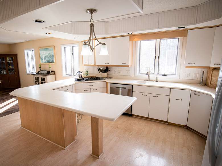 a kitchen with an island