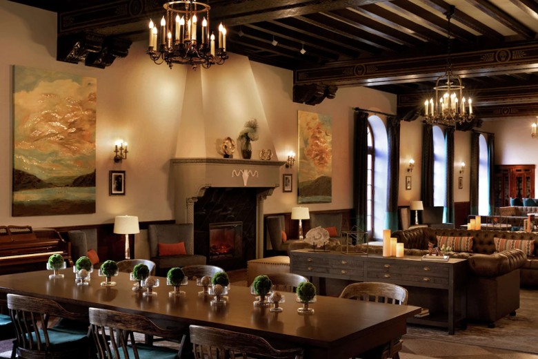 Great Hall lobby at Hotel Saranac, historic Adirondack hotel interior