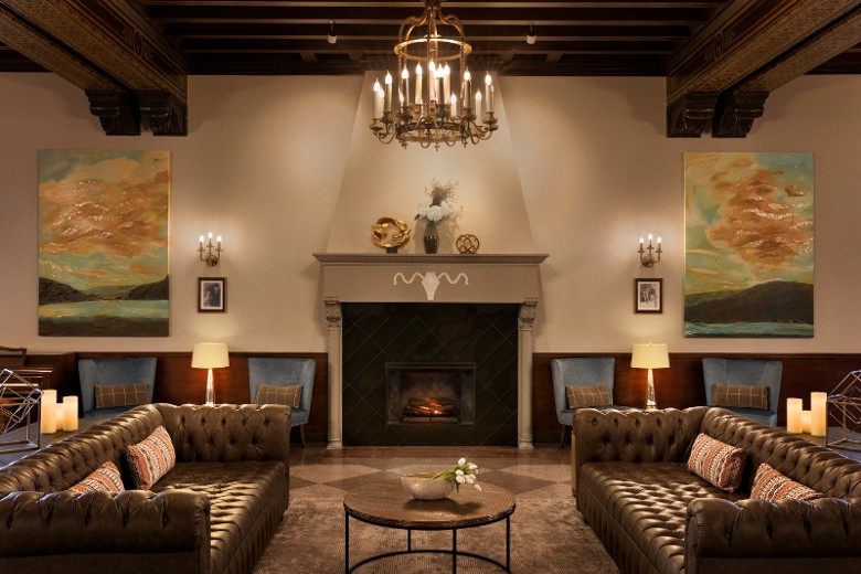 Fireplace lounge seating area at Hotel Saranac in Saranac Lake NY