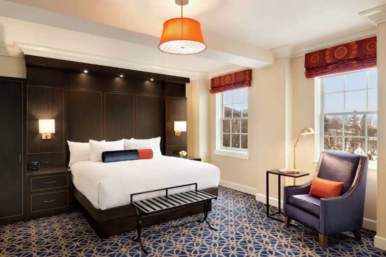 King guest room at Hotel Saranac, historic room modernized for comfort in Saranac Lake NY
