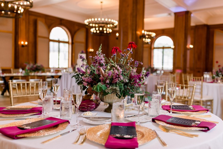 Wedding reception setup at Hotel Saranac, Adirondack wedding venue in Saranac Lake NY