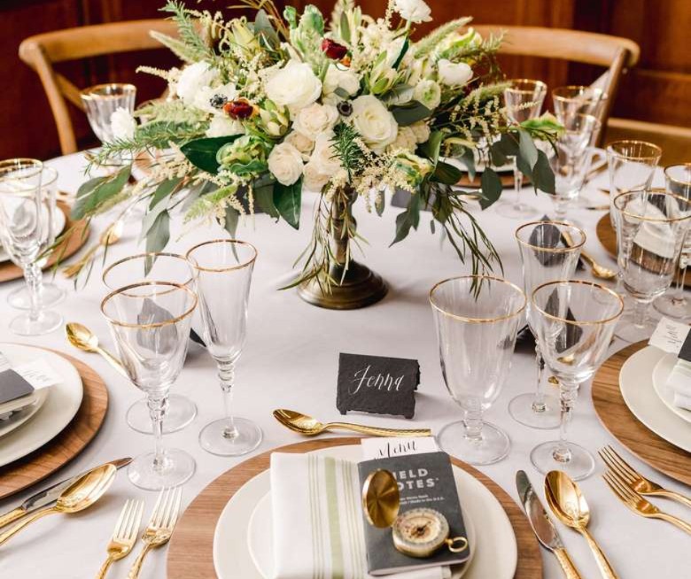 Wedding table setting in the Grand Ballroom at Hotel Saranac