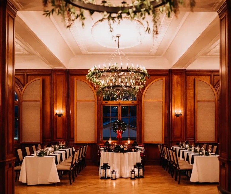 Wedding reception dance floor in the Grand Ballroom at Hotel Saranac in winter