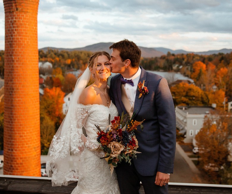 Rooftop view of the Adirondack lakes and mountains from Hotel Saranac in fall foliage, Saranac Lake NY