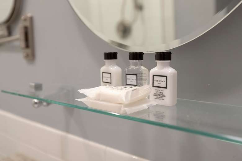 beekman soaps and lotions on bathroom vanity