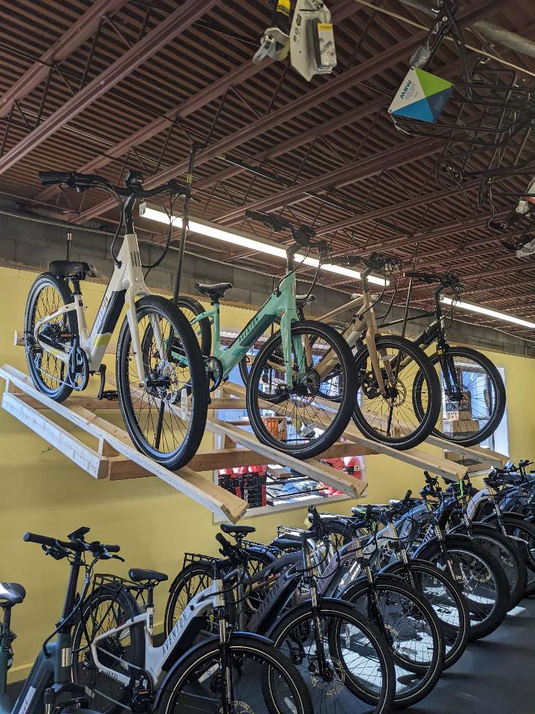 Our selection of bikes, which you can test ride! We will take them down from the top rack for you...