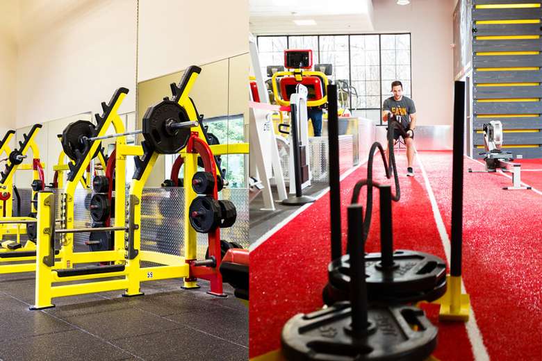 two photos of gym equipment