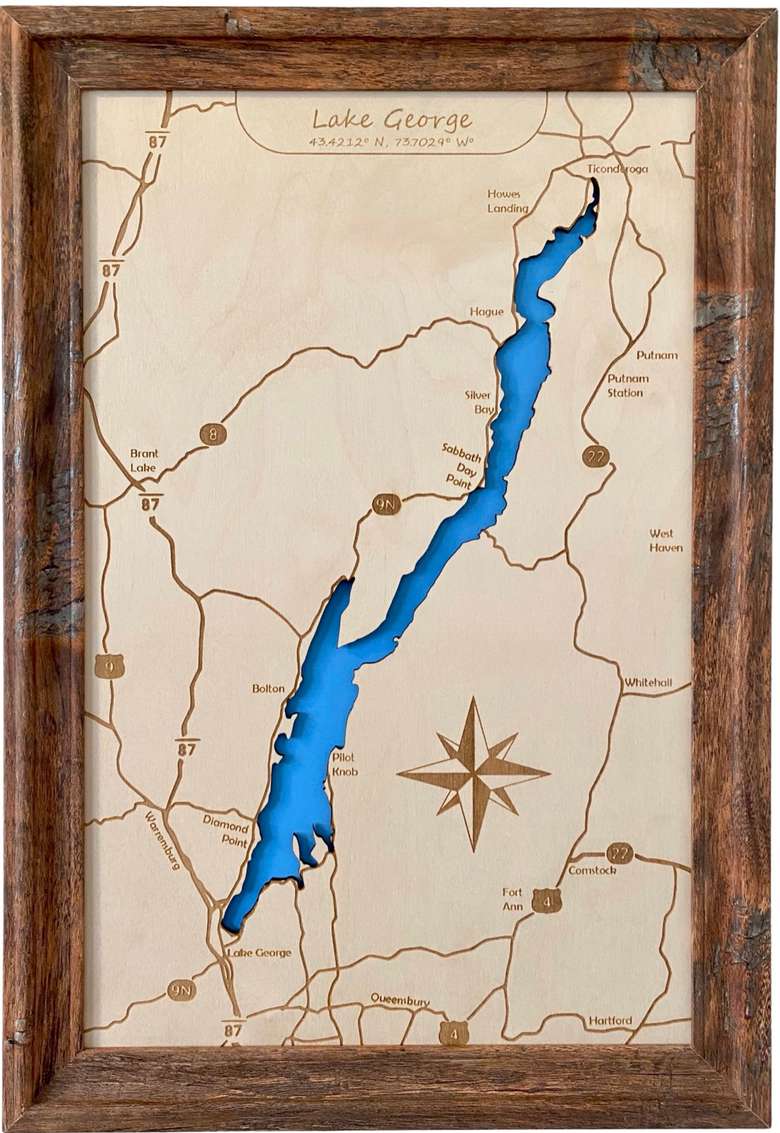 Wooden lake map of Lake George