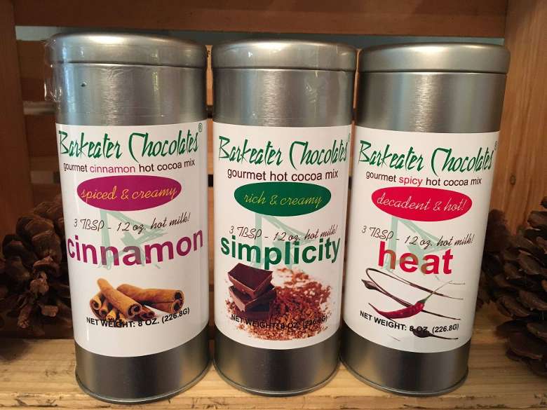 three containers of hot cocoa mix from Barkeater Chocolates