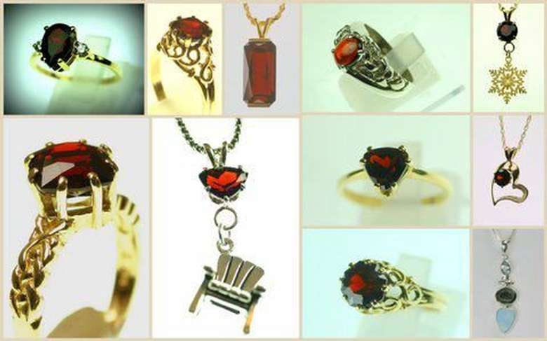 collage of garnet jewelry