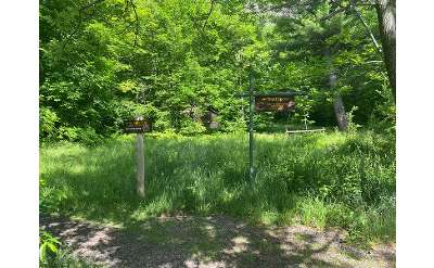 two trail signs along a path