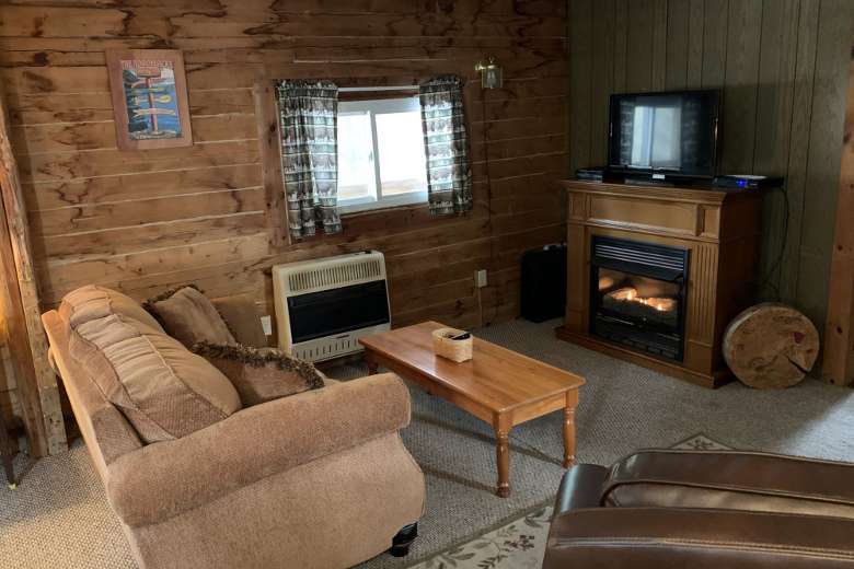 cabin living room with fireplace, tv, and couch