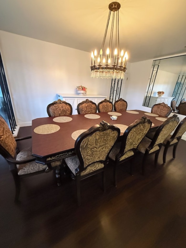 Formal Dining Room with new furniture including Murphy queen pull out sofa bed