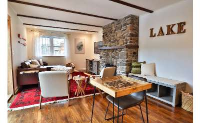 living room area with couches, table, and stone fireplace
