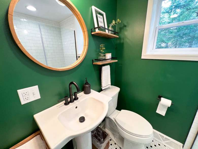 bathroom with a sink, toilet, mirror, and green walls