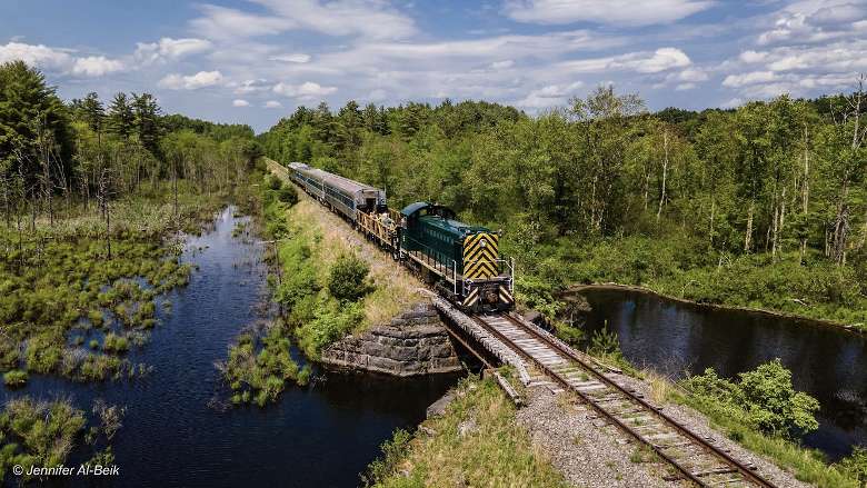 Train passing scenic bridges and marsh