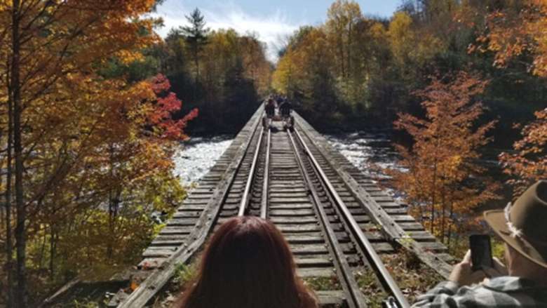 people railbiking during fall with colors on the trees