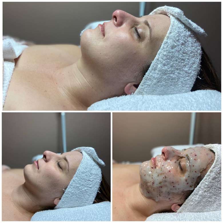 three photos showing a woman receiving a facial