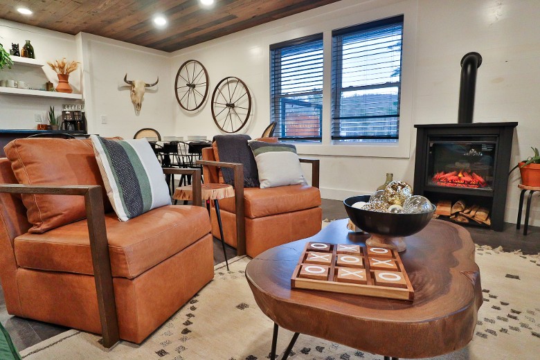 Living Room Seating with Electric Fireplace.