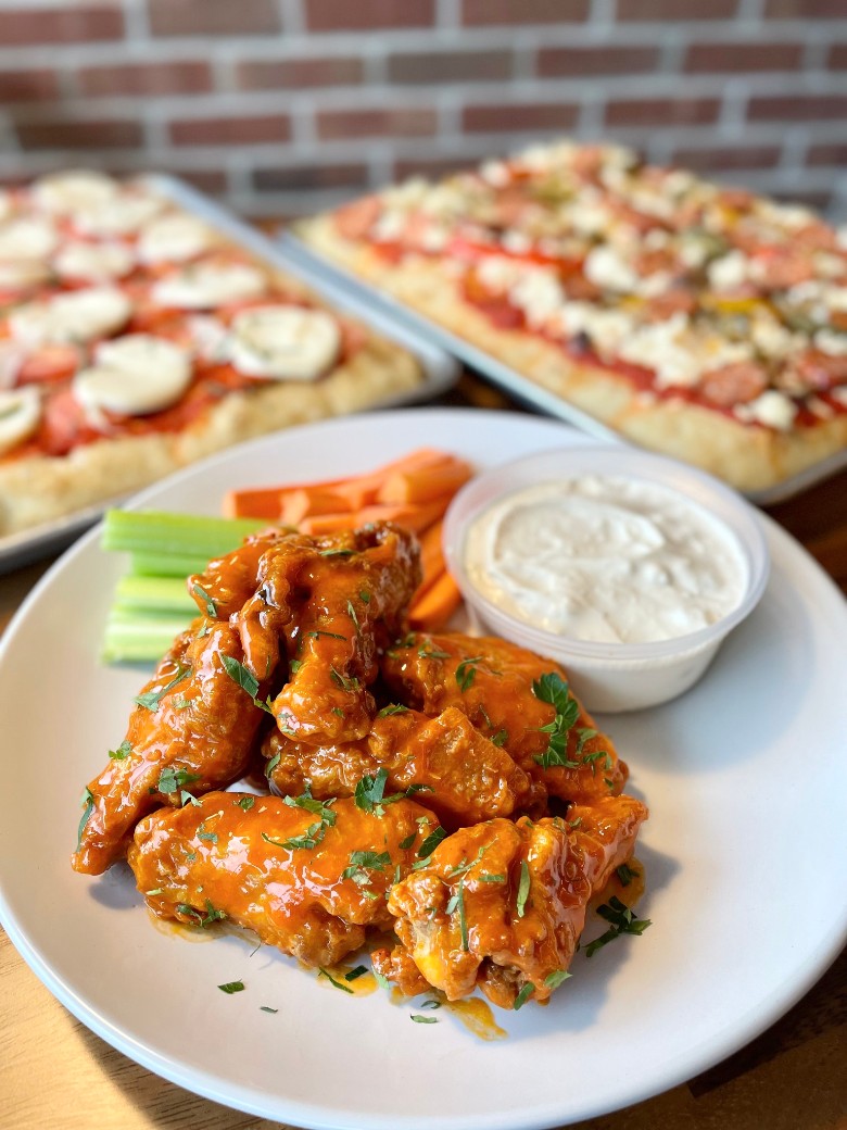 chicken wings and flatbread