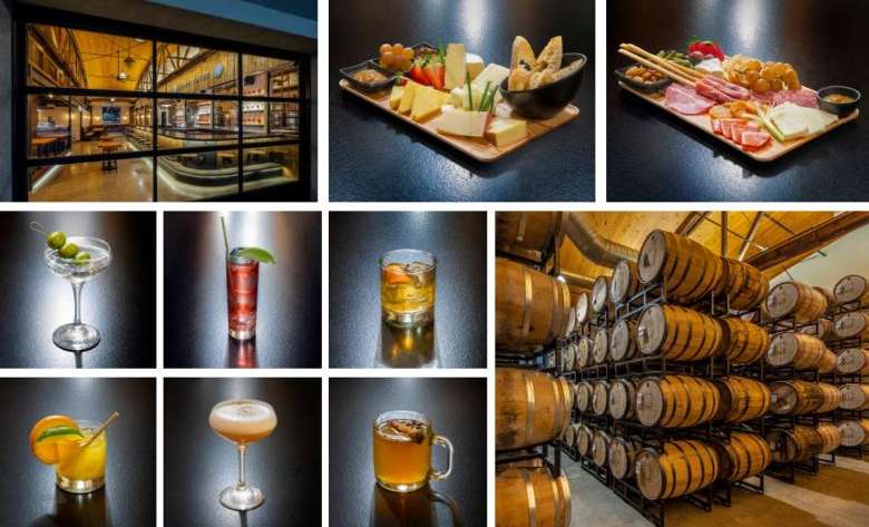collage of food photos, cocktails, barrels in a warehouse, and glass entrance door