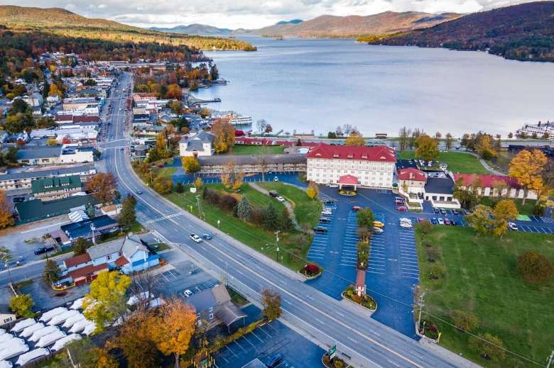 aerial view of southern Lake George and buildings