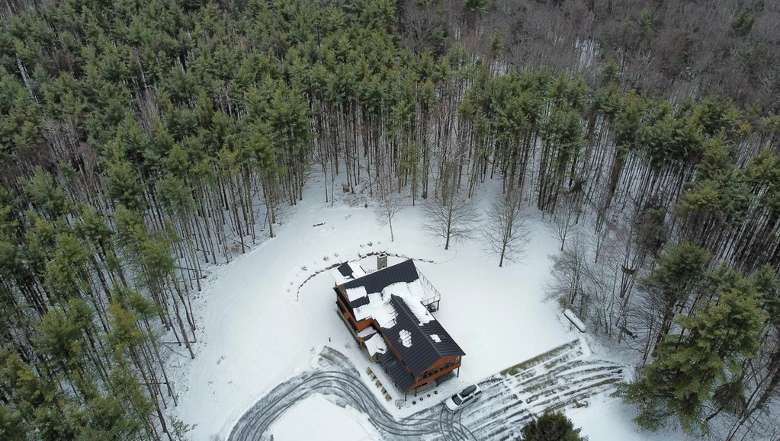 aerial view of house in winter