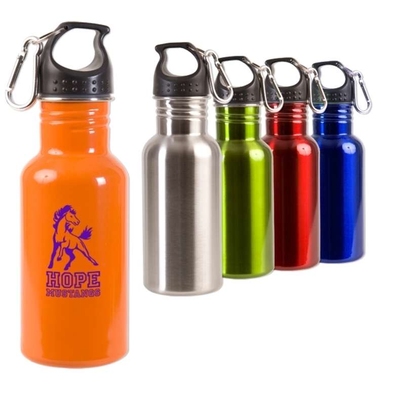 four colored water bottles with a horse logo