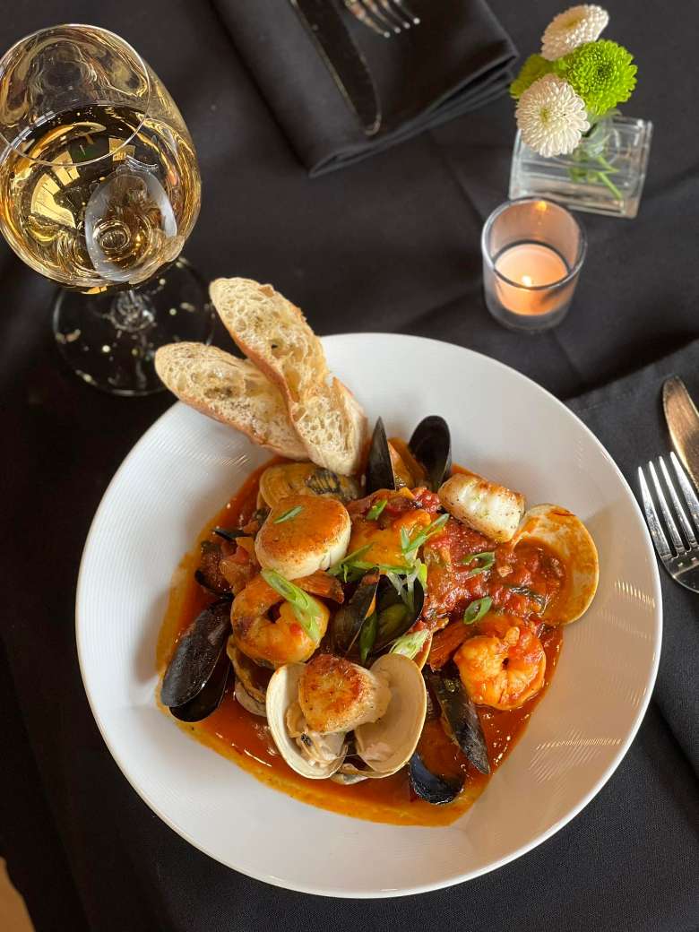 seafood dish with wine