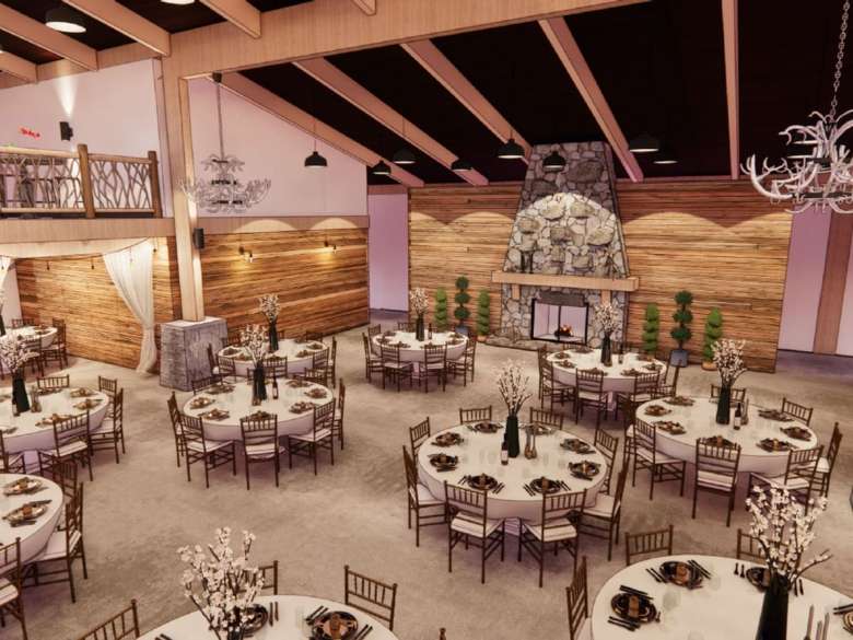Rendering of a rustic ballroom with round tables, chairs, and a stone fireplace